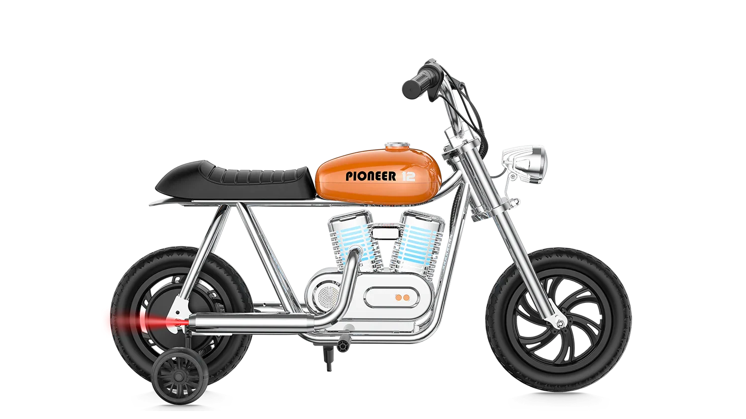 Orange eMOTO Hyper Gogo Pioneer 12 Plus electric bike with training wheels, shown in side view, featuring app connectivity.