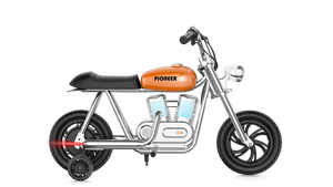 Orange eMOTO Hyper Gogo Pioneer 12 Plus electric bike with training wheels, shown in side view, featuring app connectivity.