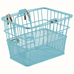 Retrospec Apollo steel bike basket in cool mint color attached to an eBike, front view