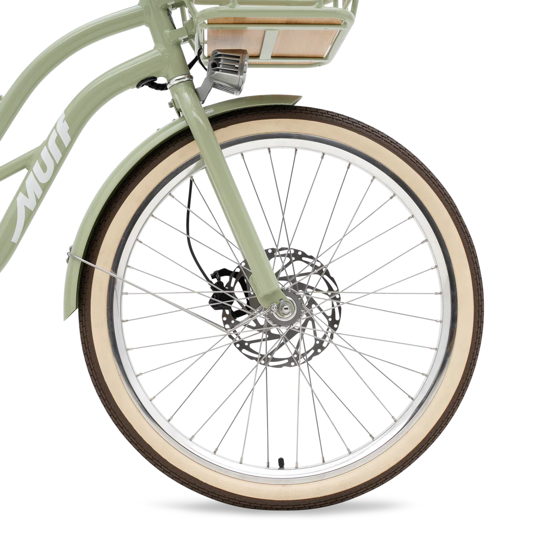 Side view of the eBike Murf Gigi 2.0 in a neutral setting, showcasing its step-through frame, wide tires, and rear cargo rack.