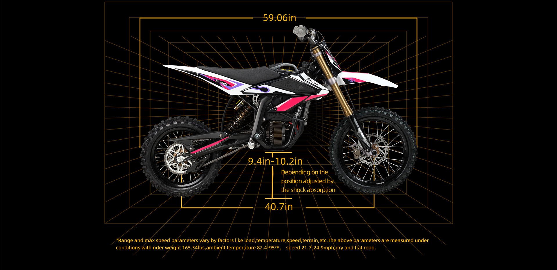 Side view of the eMOTO Surron Hyper Bee electric bike, showcasing its lightweight frame, off-road tires, and modern design in a rugged outdoor setting.