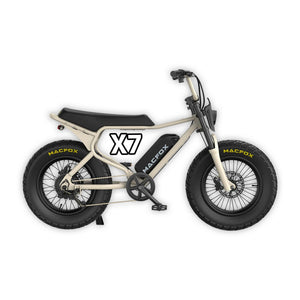 eBike Macfox X7 in Desert Beige color with single battery, shown in box, product image, model R2R Escondido, barcode 810206240533