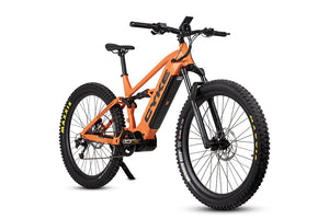 Flame orange eBike Cyke Falcon S, side view, showcasing sporty frame and black wheels