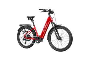 Side view of the Velotric Discover 3 eBike in a matte black finish, showcasing its step-through frame, integrated battery, rear rack, and front suspension fork.