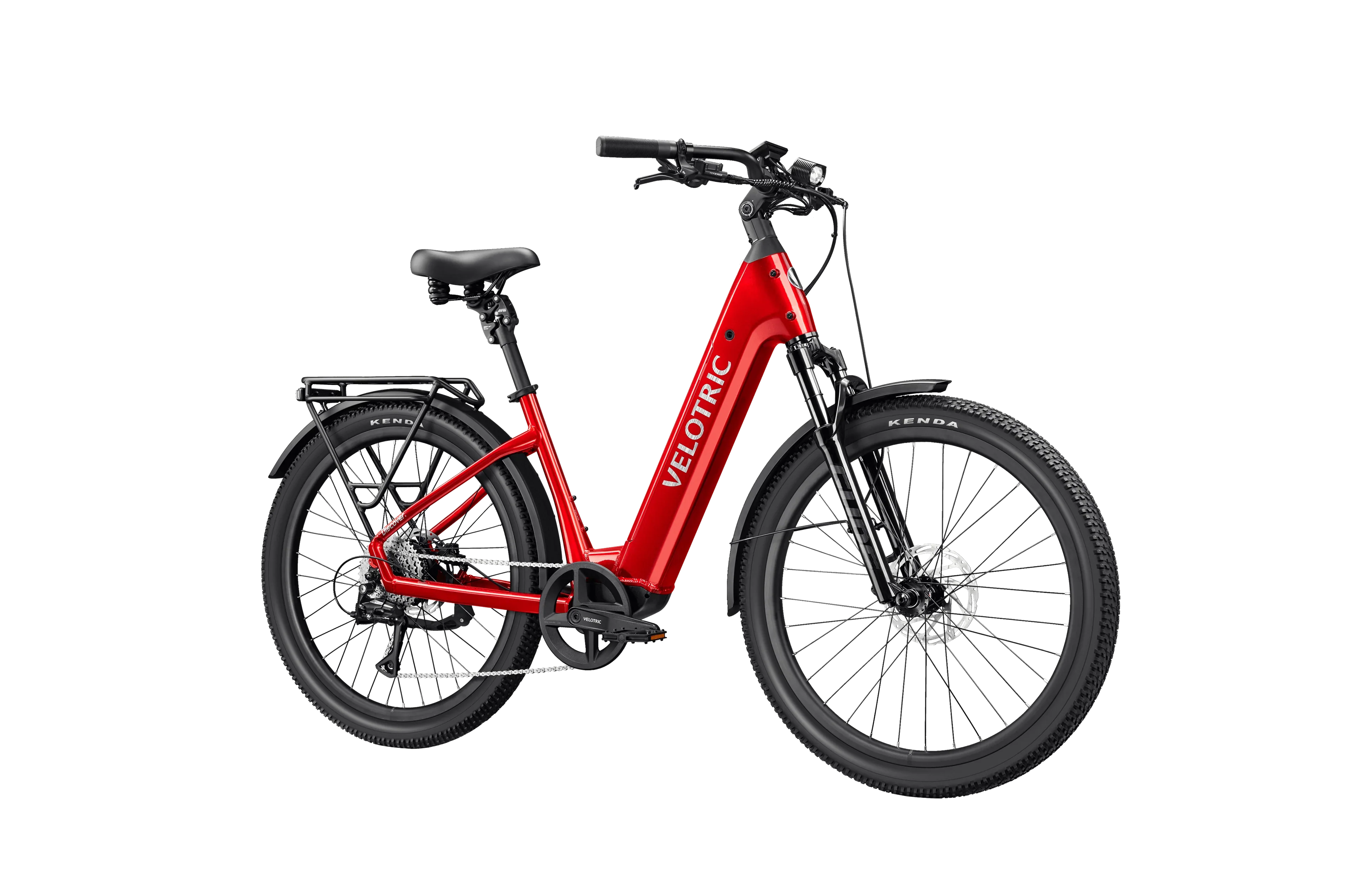 Side view of the Velotric Discover 3 eBike in a matte black finish, showcasing its step-through frame, integrated battery, rear rack, and front suspension fork.