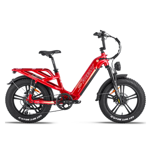 Red Freesky Rocky Pro A-320 electric bike side view, showcasing frame design, battery, and tires.