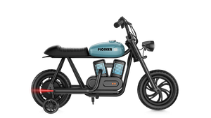 Blue eMOTO Hyper Gogo Pioneer 12 Plus electric bike with training wheels, side view