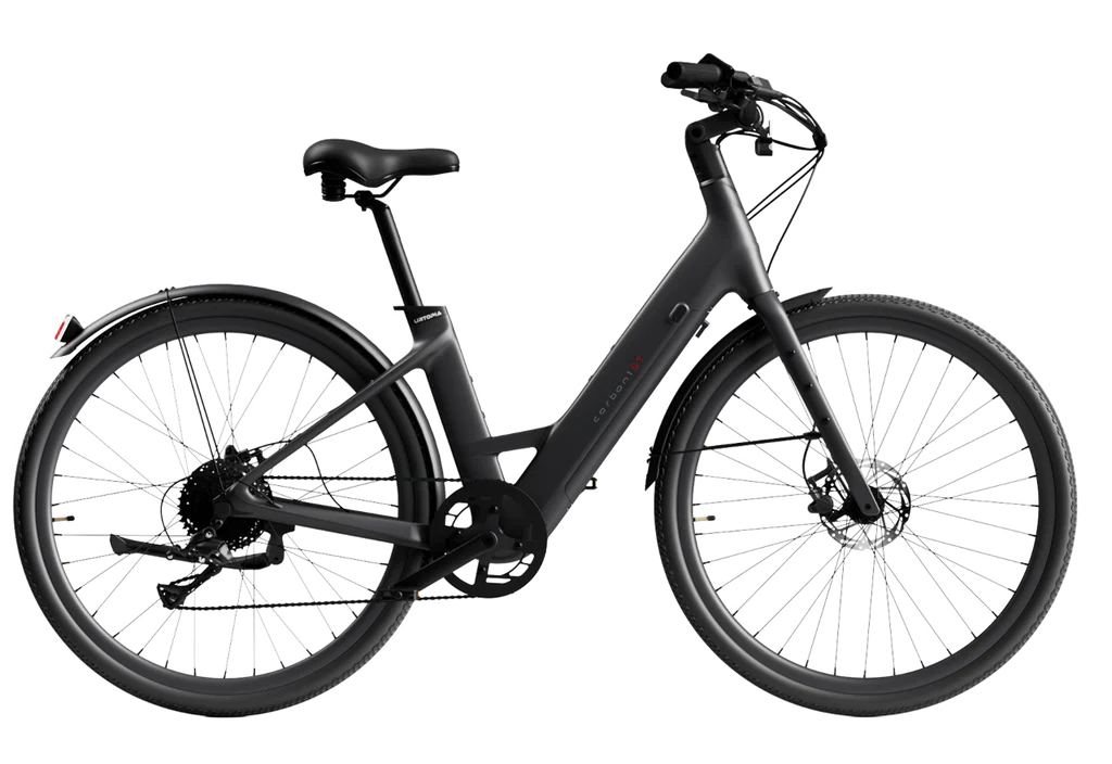 Matte black Urtopia Carbon Classic Step Thru eBike, side view, against a plain background