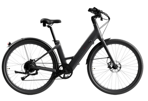Matte black Urtopia Carbon Classic Step Thru eBike, side view, against a plain background