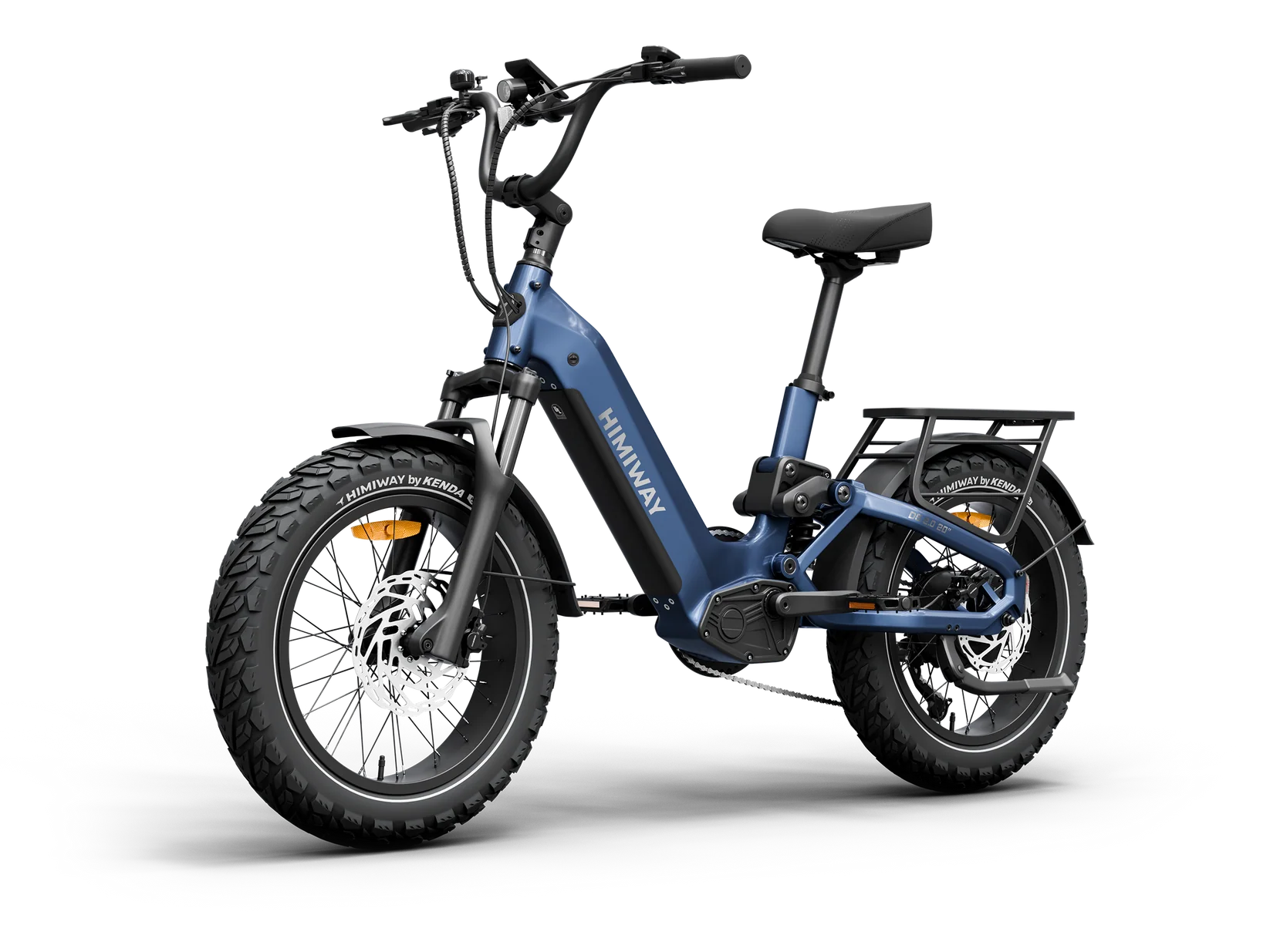Side view of the Himiway D5 2.0 20" eBike in Midnight Blue, showcasing its frame, wheels, and battery against a plain background.