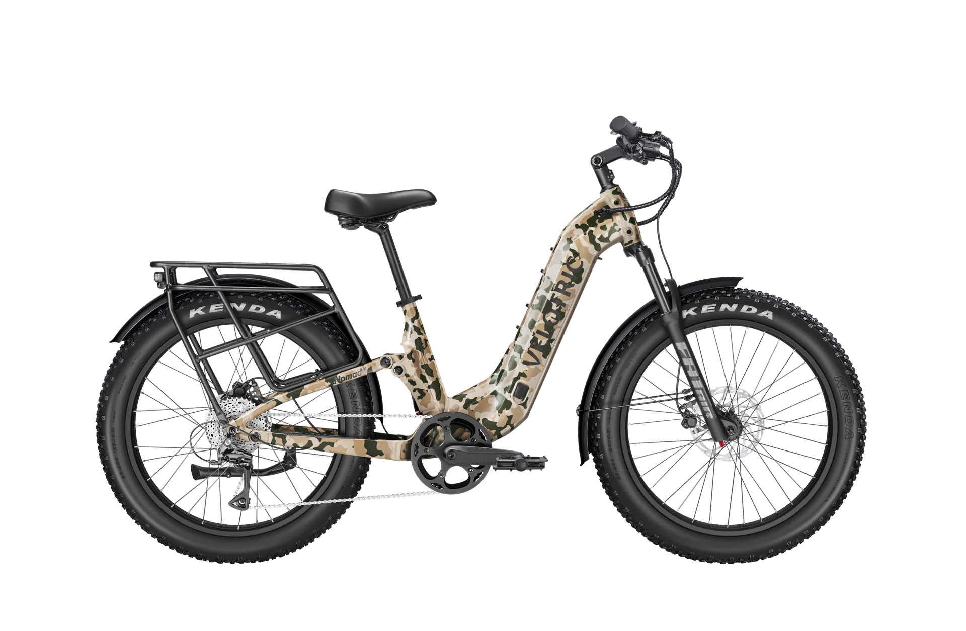 Velotric Nomad 2X eBike in multi-terrain camo color, shown on a white background