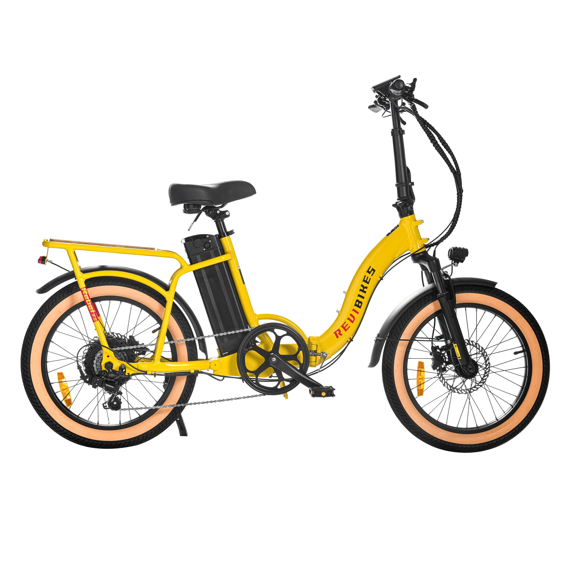 REVI Rebel 2 750w step-thru electric folding bike with 20x3 fat tires, shown in side profile against a plain background
