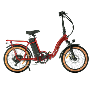 Red eBike Revi Rebel.2 electric bicycle side view with black tires and battery pack