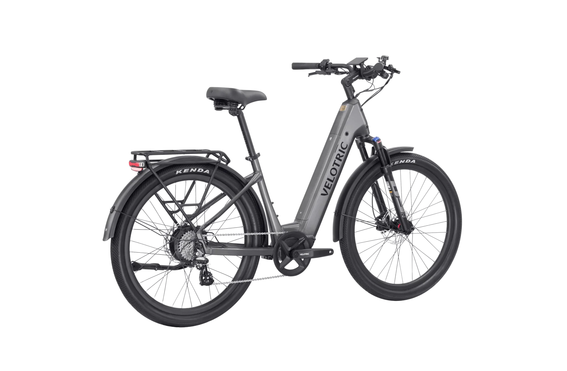 Side view of the Velotric Discover 2 eBike in a matte finish, showcasing its step-through frame, integrated battery, rear rack, and wide tires against a plain background.