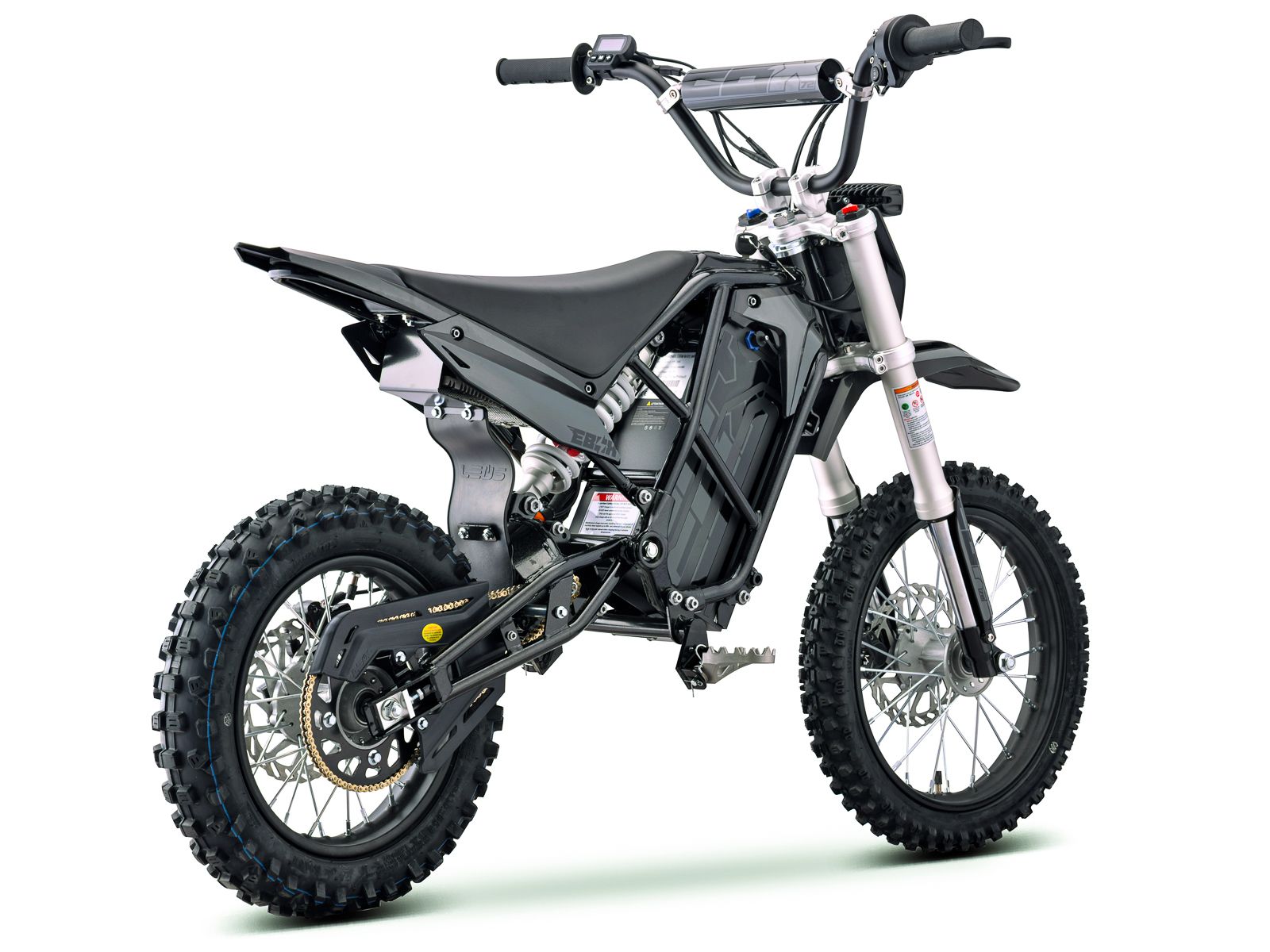 Side view of the eMOTO Stomp Ebox V3 72 RS electric dirt bike, showcasing its black and green frame, knobby tires, and modern design against a plain background.