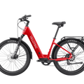 Velotric Discover 2 electric bike in Cherry Crimson color, side view, showcasing step-through frame, battery, and rear rack.