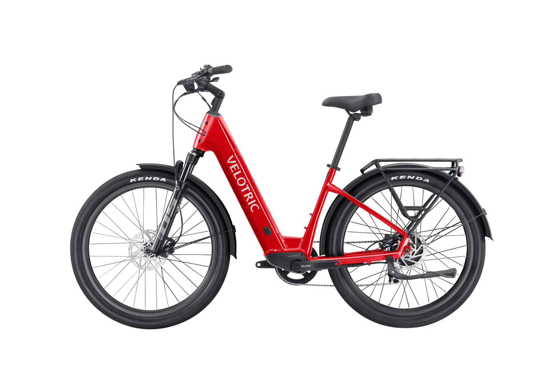 Velotric Discover 2 electric bike in Cherry Crimson color, side view, showcasing step-through frame, battery, and rear rack.