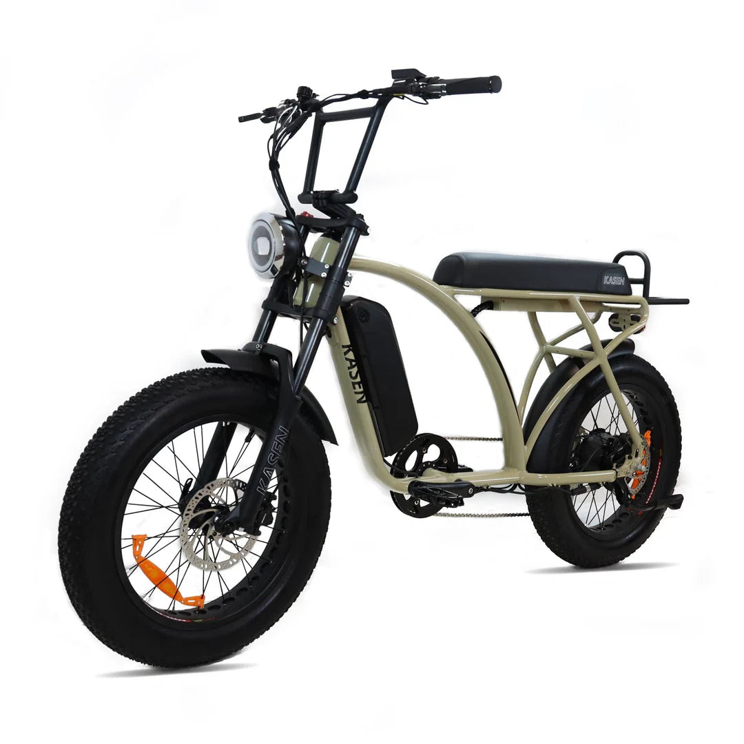 Side view of the Kasen Kabbit Classic eBike in sand color, showcasing its step-through frame, black saddle, rear rack, and wide tires against a plain background.