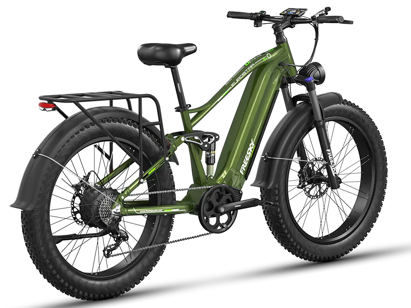 Side view of the Freesky Eurostar Ultra M-410 eBike in black, showing its frame, battery, wheels, and suspension fork against a white background.