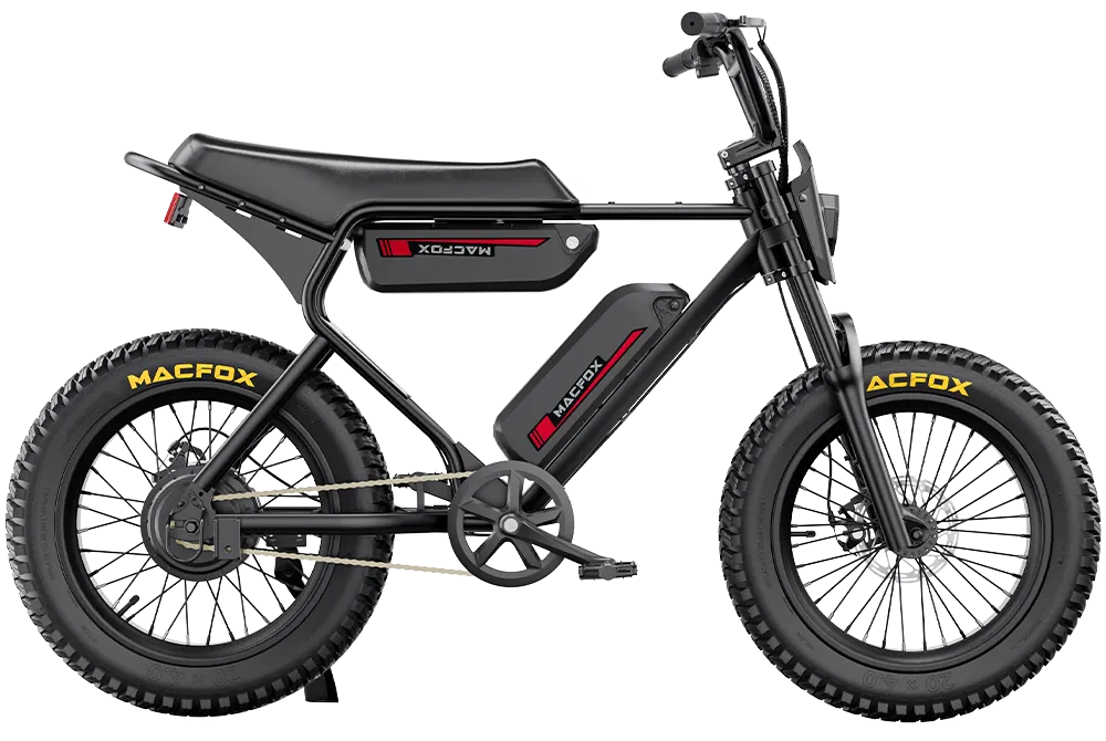 A black Macfox X1S eBike with dual suspension, shown from the side against a white background.