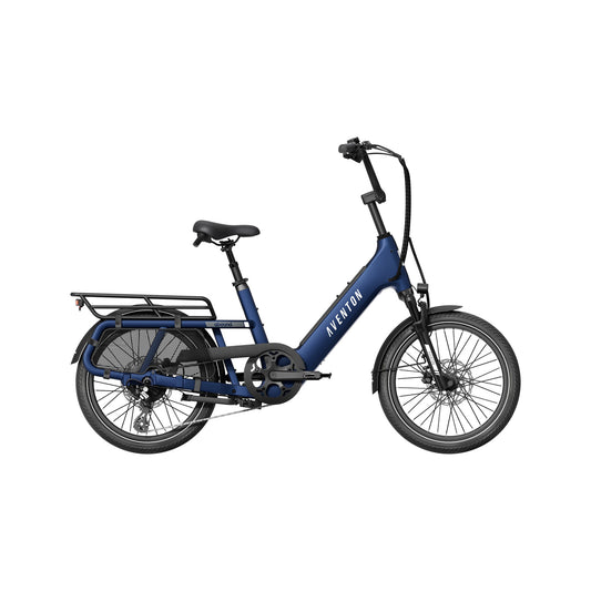 Aventon Abound SR electric cargo bike in Cobalt blue, side view, shown with rear rack and step-through frame design.