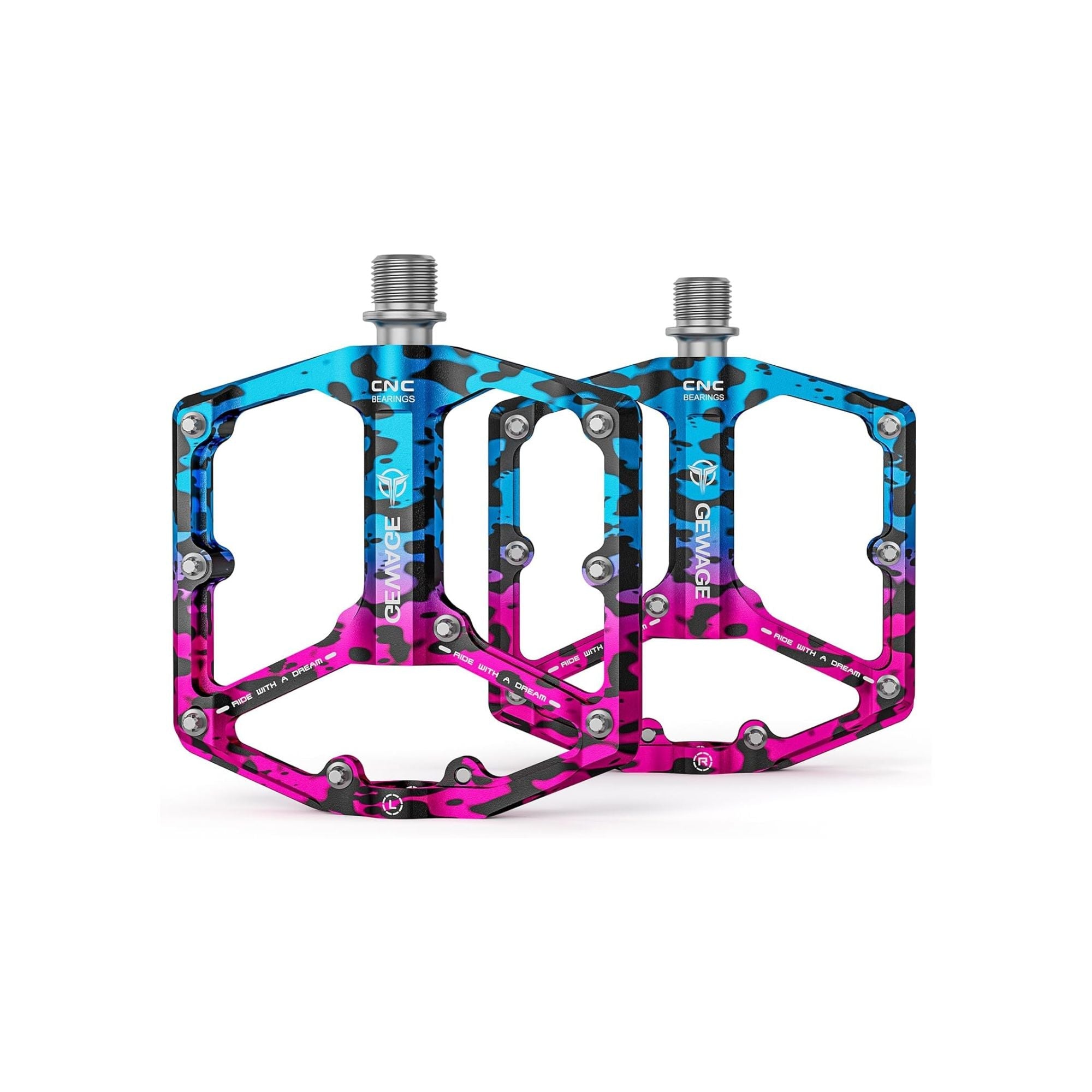 Pink and blue camouflage alloy eBike pedals, product image, blue size 13