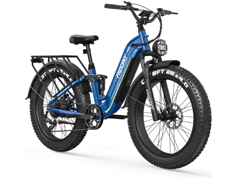 A black Freesky Wild Cat Ultra A-340 electric mountain bike with fat tires, front suspension, and a sturdy frame, displayed on a white background.