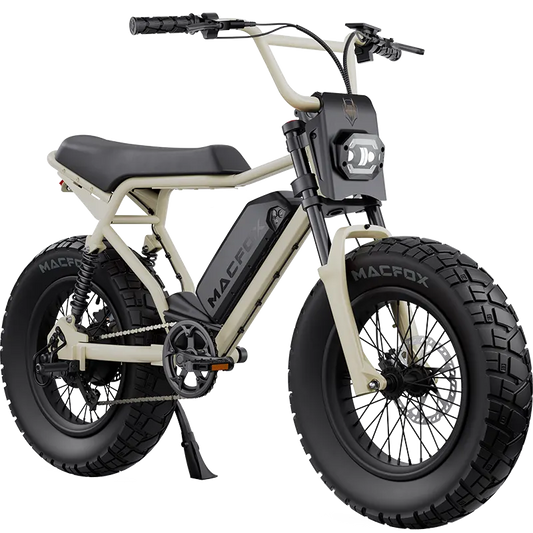 Image of the Macfox X2 Pro electric bike, featuring a sleek black frame, fat tires, front suspension, and an integrated battery.