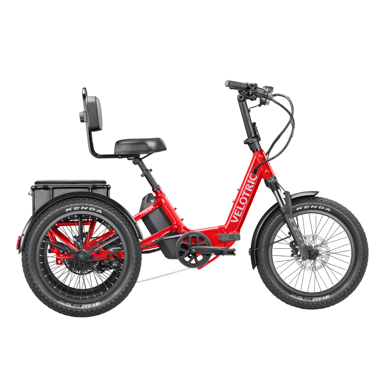 Velotric Triker eTrike in Cherry Crimson color, side view, showcasing three wheels and modern design.