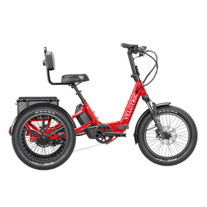 Velotric Triker eTrike in Cherry Crimson color, side view, showcasing three wheels and modern design.