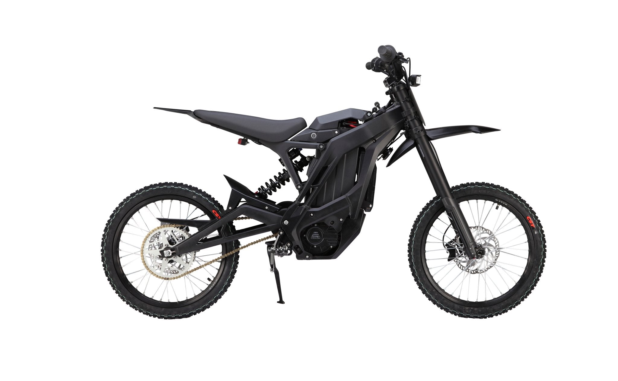 eMOTO eRide Pro SS 2.0 electric dirt bike, 5000W/12000W motor, 19x3 off-road tires, side view, black and red design