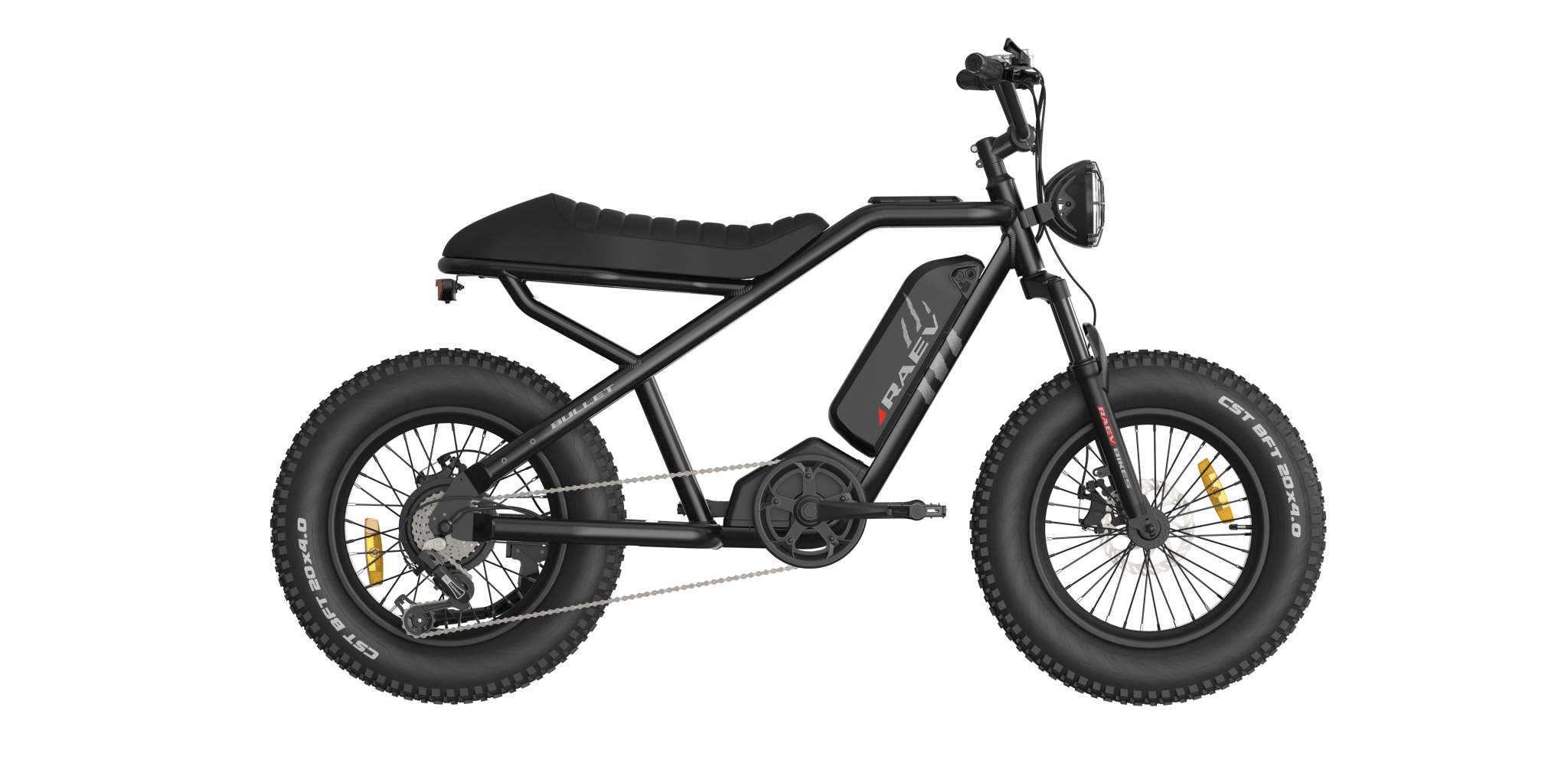 Side view of the eMOTO RAEV Bullet V2 Electric e-Moto Style eBike-Moto 500W Electric Pit Bike in black, showcasing its rugged frame, thick tires, and minimalist design against a plain background.