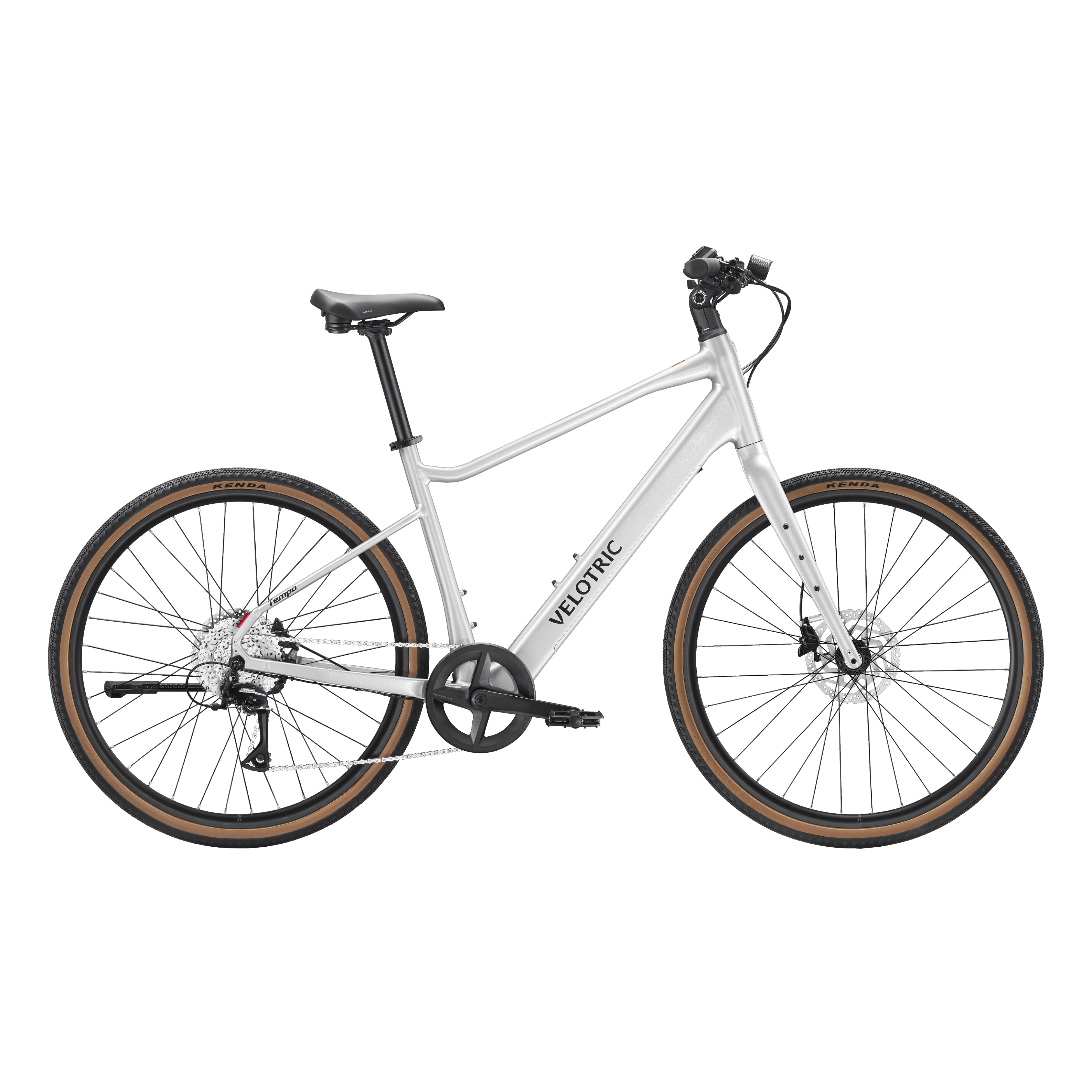 Velotric Tempo High Step eBike in Lightning Silver, side view, against a plain background