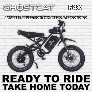 Side view of the eBike Ghostcat F4X in the R2R Blackout color scheme, showcasing its sleek black frame, thick tires, and modern design against a plain background.