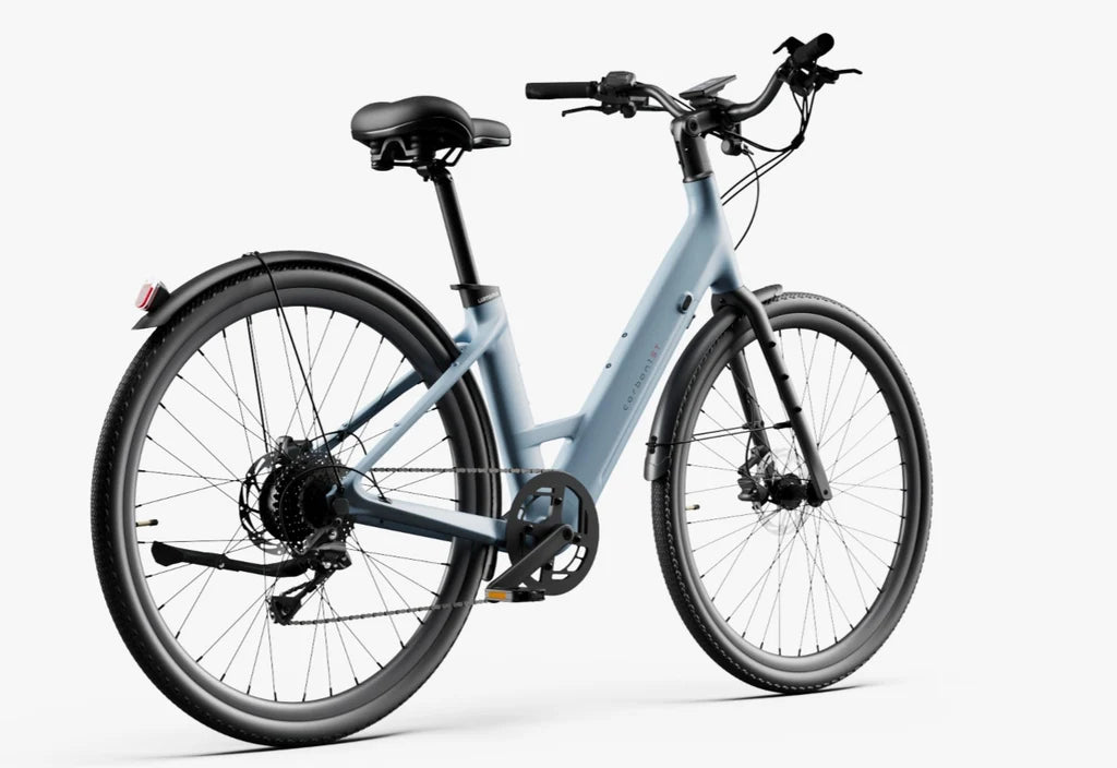 Side view of the Urtopia Carbon Classic Step Thru eBike in Glacier Blue, showcasing its lightweight carbon frame, step-through design, and sleek modern styling.