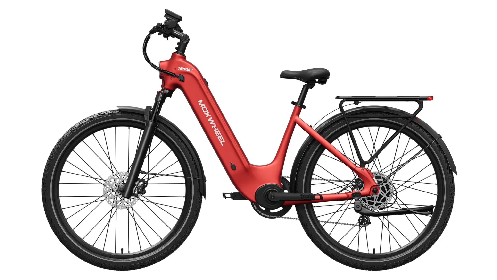 Crimson red Mokwheel Tarmac ST eBike, side view, against a white background