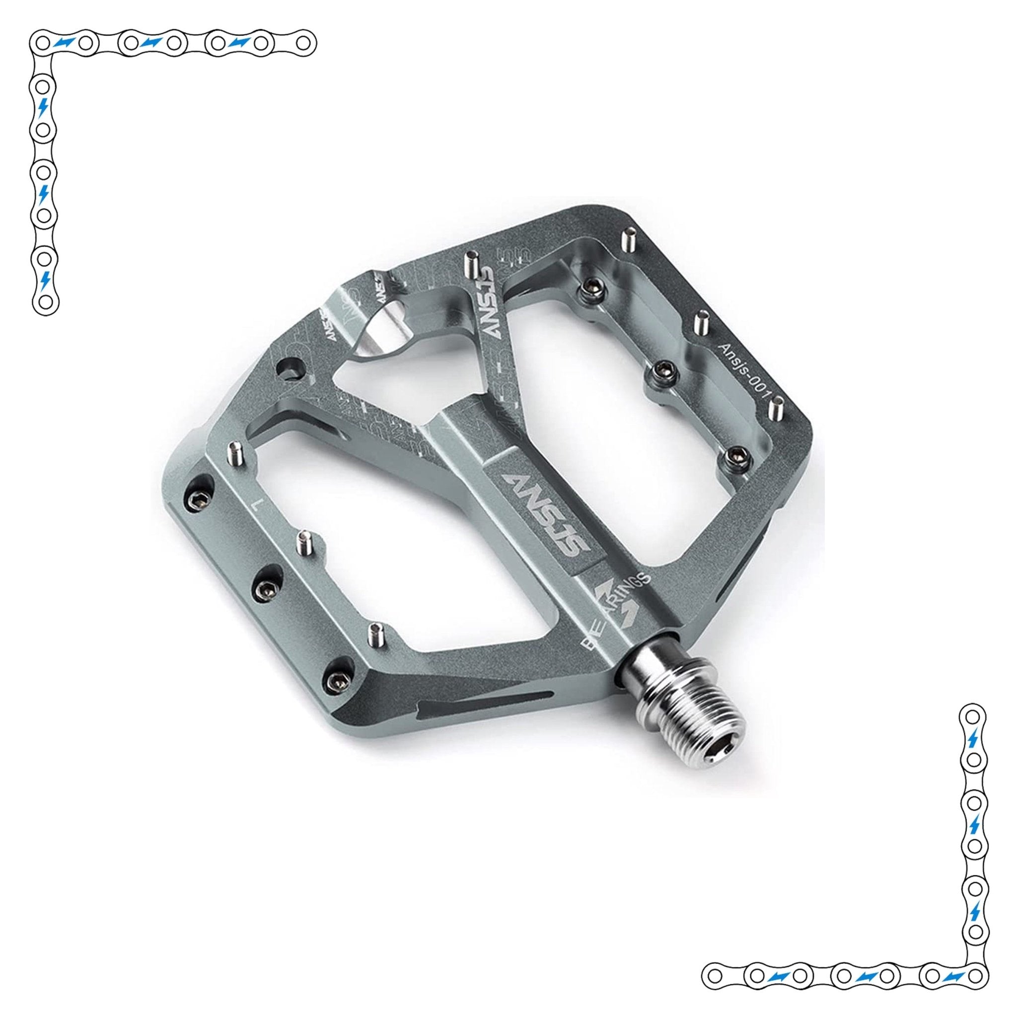 Silver Ice colored aluminum pedals for electric bike, product image showing a pair of eBike pedals with a metallic silver finish.