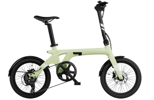 Lime green Urtopia Carbon Fold 1 eBike, side view, folded, against a white background