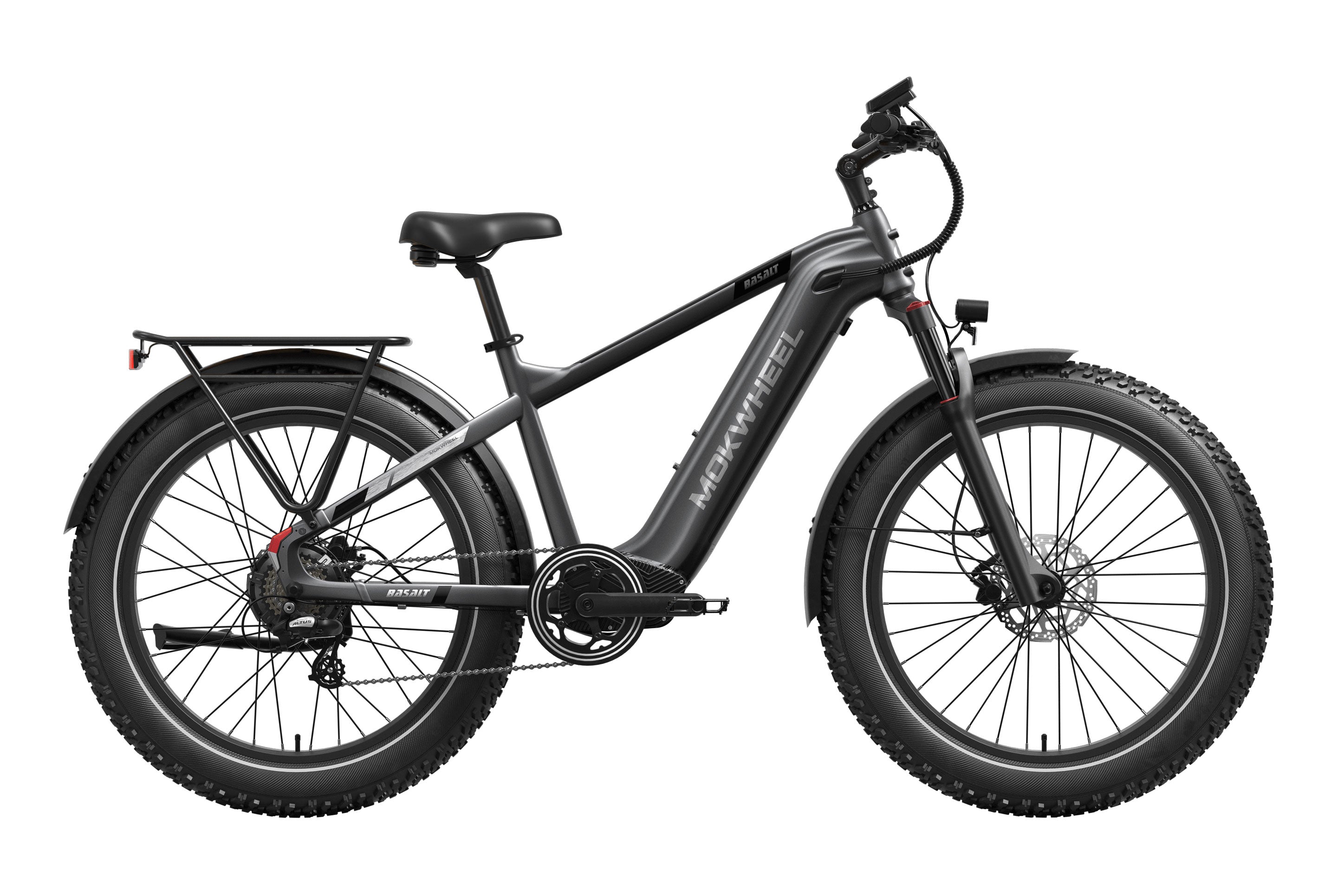 Gray Mokwheel Basalt 2.0 Step Over eBike, side view, against a plain background