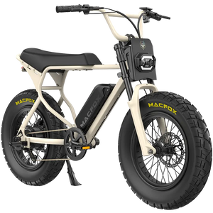 Desert beige Macfox X7/X7L ebike with single battery, side view, displayed in a desert setting