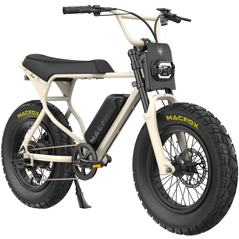 Desert beige Macfox X7/X7L ebike with single battery, side view, displayed in a desert setting