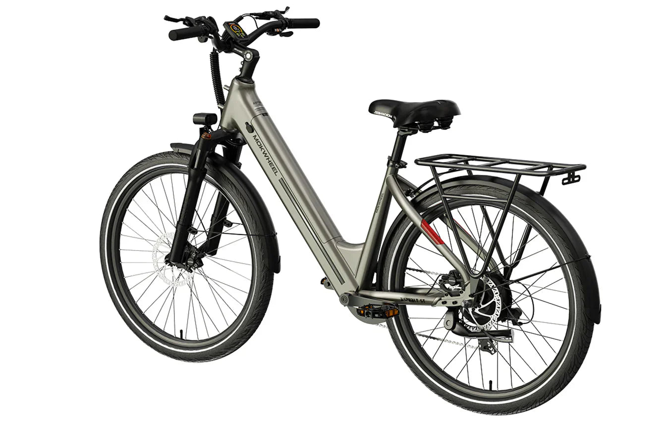 White MOKWHEEL Asphalt ST 500W step-thru urban electric beach cruiser eBike with 27.5x2.4 tires, side view on plain background.