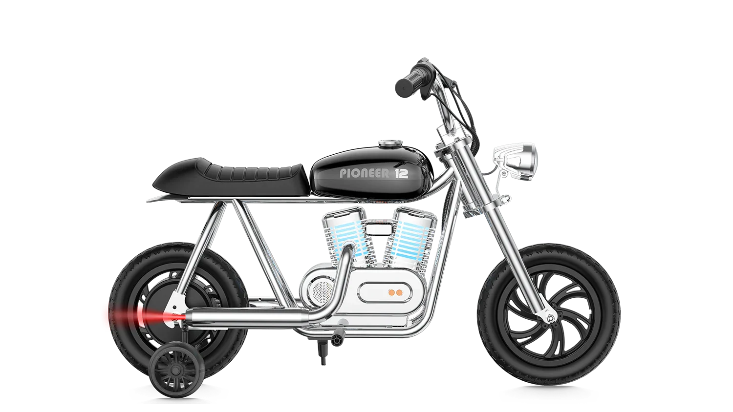 Black eMOTO Hyper Gogo Pioneer 12 Plus electric bike with training wheels, shown in product image, app-compatible model
