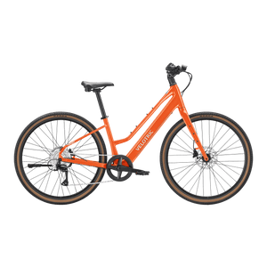 Velotric Tempo Mid Step eBike in Sunset Tangerine color, side view, against a plain background.
