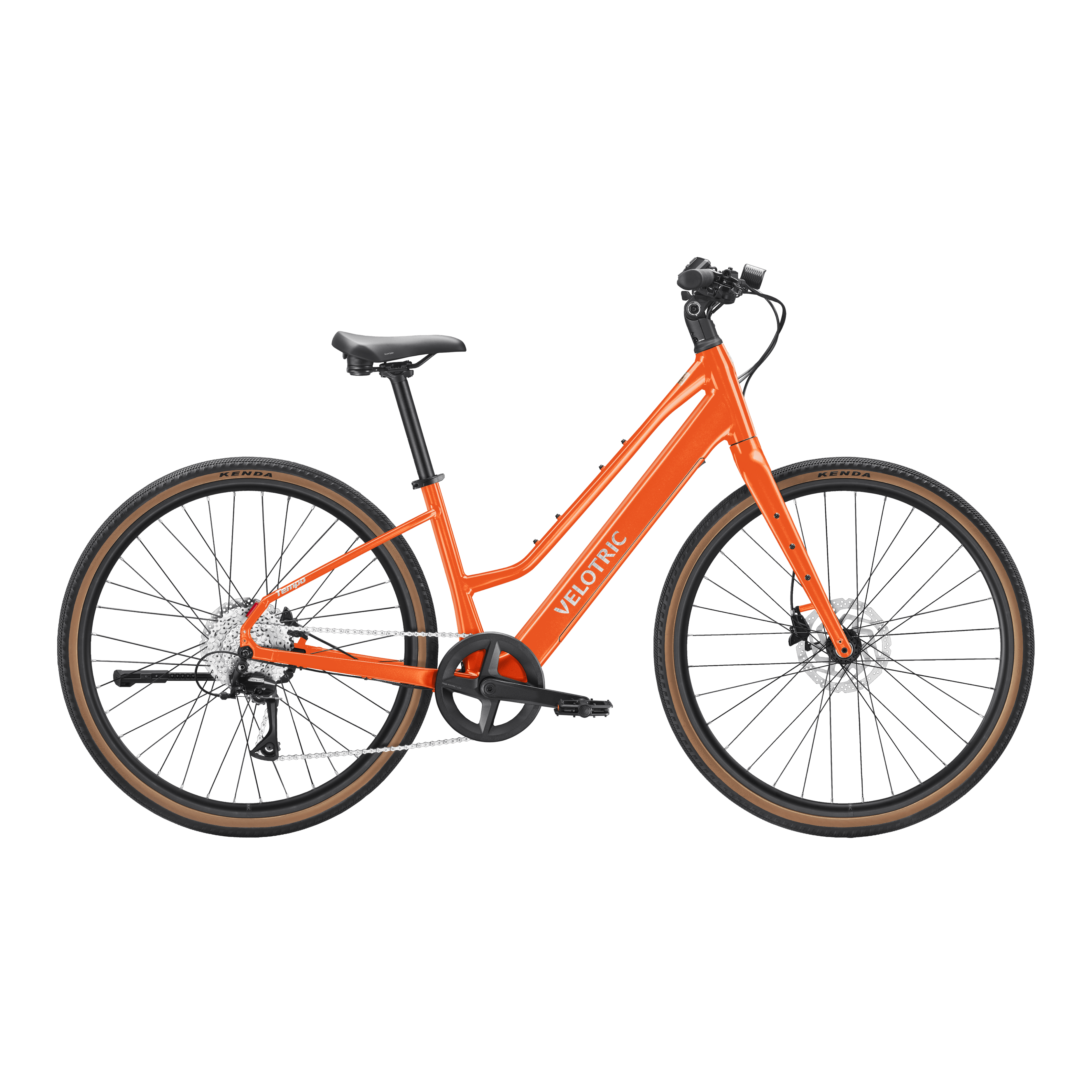 Velotric Tempo Mid Step eBike in Sunset Tangerine color, side view, against a plain background.