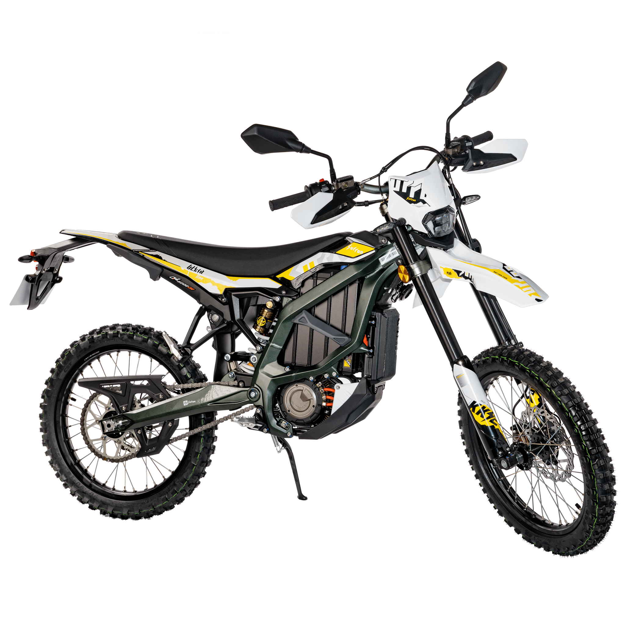 eMOTO 2025 Surron Ultra Bee 21kw electric dirt bike in black and yellow, side view, displayed for pre-order with expected arrival end of May