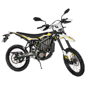 eMOTO 2025 Surron Ultra Bee 21kw electric dirt bike in black and yellow, side view, displayed for pre-order with expected arrival end of May