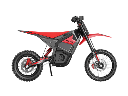 Red eMOTO Yozma IN 10 electric scooter, side view, on a white background