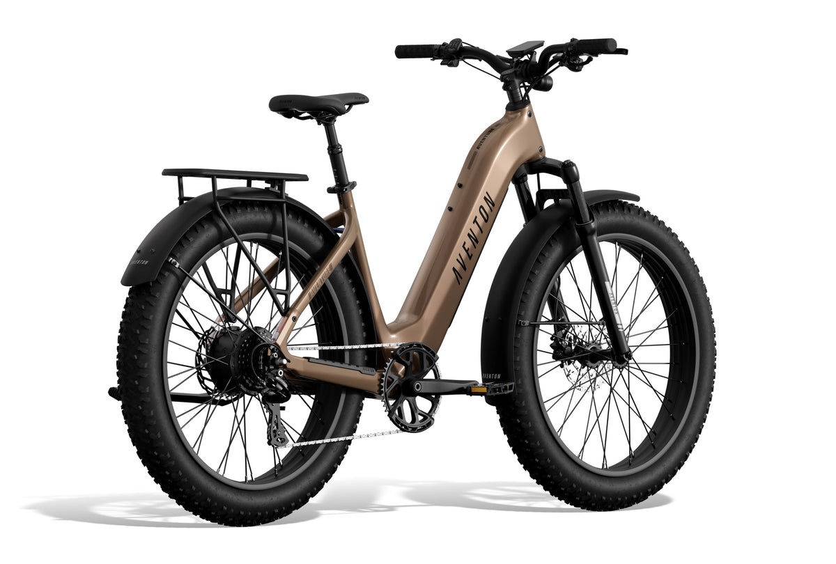 Aventon Aventure 3 Step-Thru electric bike in Java color, side view, showcasing frame design and integrated battery.