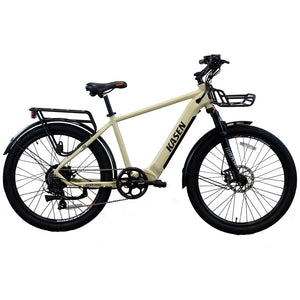 Sand-colored KASEN Cross 500W Step Over eBike with 27.5x2.4 urban tires, designed for city commuting.